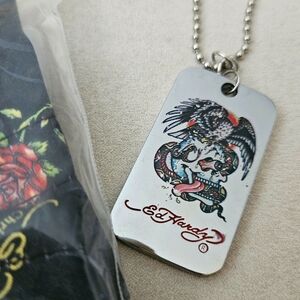 Ed Hardy Battle Eagle/Skull Color Print Dog Tag Necklace